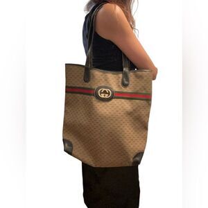 Gucci Beige Tote with Black and Red-Green Stripes